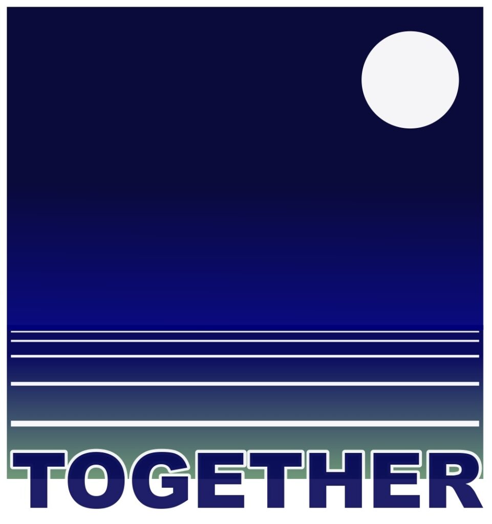 The logo of the project Together for inclusion represent a blue square including a white cercle looking like a moon and the word "together" at its lower edge