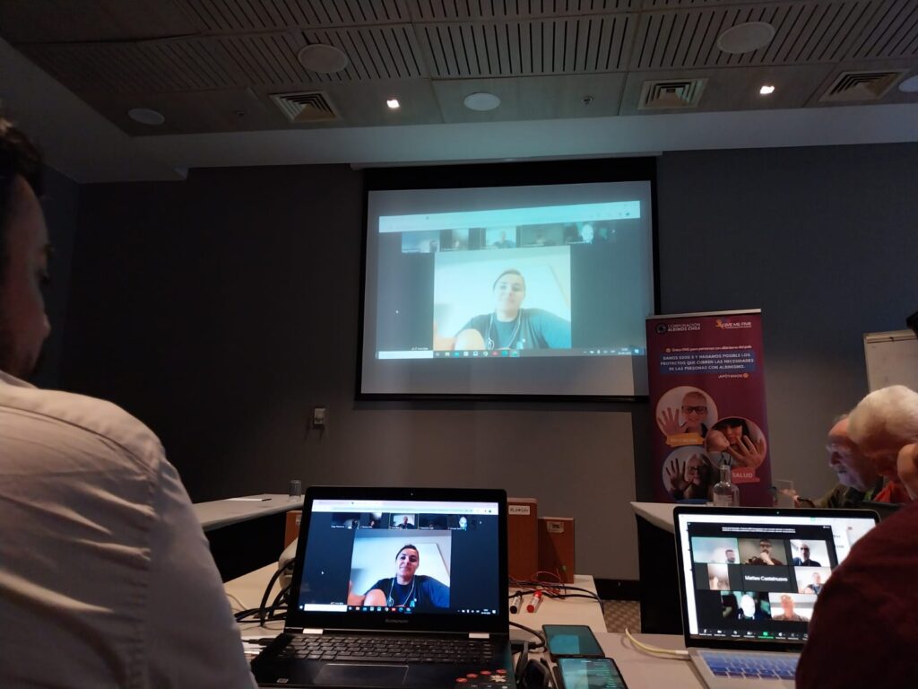 The picture shows the participants of the third transnational meeting of the Erasmus+ project "Together for inclusion" in Santiago de Chile, sitting and watching their colleagues from remote